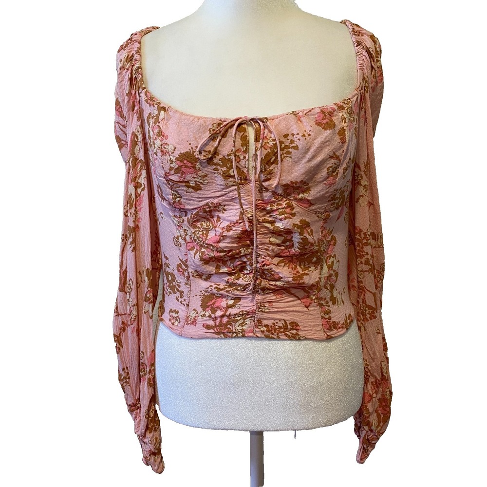 Free People Hilary Floral Top Pink Sz M Smocked Feminine Babydoll Coquette